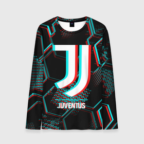Мужской лонгслив 3D с принтом Juventus FC в стиле glitch на темном фоне в Екатеринбурге, 100% полиэстер | длинные рукава, круглый вырез горловины, полуприлегающий силуэт | 