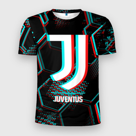 Мужская футболка 3D Slim с принтом Juventus FC в стиле glitch на темном фоне в Тюмени, 100% полиэстер с улучшенными характеристиками | приталенный силуэт, круглая горловина, широкие плечи, сужается к линии бедра | 
