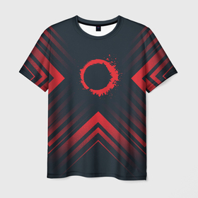 Мужская футболка 3D с принтом Красный символ The Callisto Protocol на темном фоне со стрелками в Санкт-Петербурге, 100% полиэфир | прямой крой, круглый вырез горловины, длина до линии бедер | 