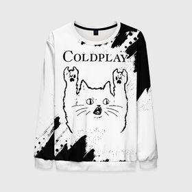 Мужской свитшот 3D с принтом Coldplay рок кот на светлом фоне , 100% полиэстер с мягким внутренним слоем | круглый вырез горловины, мягкая резинка на манжетах и поясе, свободная посадка по фигуре | 