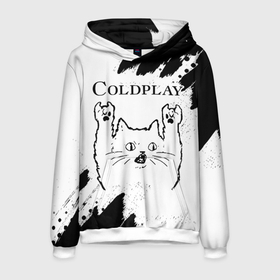 Мужская толстовка 3D с принтом Coldplay рок кот на светлом фоне в Екатеринбурге, 100% полиэстер | двухслойный капюшон со шнурком для регулировки, мягкие манжеты на рукавах и по низу толстовки, спереди карман-кенгуру с мягким внутренним слоем. | 