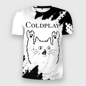 Мужская футболка 3D Slim с принтом Coldplay рок кот на светлом фоне в Санкт-Петербурге, 100% полиэстер с улучшенными характеристиками | приталенный силуэт, круглая горловина, широкие плечи, сужается к линии бедра | 
