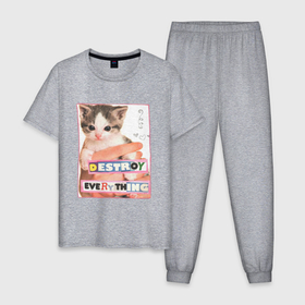 Мужская пижама хлопок с принтом Destroy everything kitty , 100% хлопок | брюки и футболка прямого кроя, без карманов, на брюках мягкая резинка на поясе и по низу штанин
 | Тематика изображения на принте: 