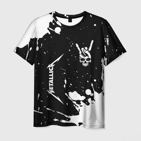 Мужская футболка 3D с принтом Metallica и рок символ на темном фоне в Курске, 100% полиэфир | прямой крой, круглый вырез горловины, длина до линии бедер | 
