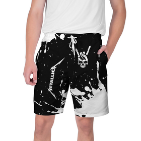Мужские шорты 3D с принтом Metallica и рок символ на темном фоне в Петрозаводске,  полиэстер 100% | прямой крой, два кармана без застежек по бокам. Мягкая трикотажная резинка на поясе, внутри которой широкие завязки. Длина чуть выше колен | 
