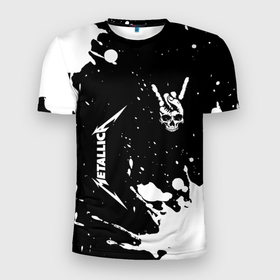Мужская футболка 3D Slim с принтом Metallica и рок символ на темном фоне в Курске, 100% полиэстер с улучшенными характеристиками | приталенный силуэт, круглая горловина, широкие плечи, сужается к линии бедра | 