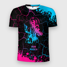 Мужская футболка 3D Slim с принтом Iron Maiden   neon gradient в Белгороде, 100% полиэстер с улучшенными характеристиками | приталенный силуэт, круглая горловина, широкие плечи, сужается к линии бедра | 