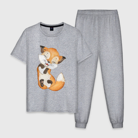 Мужская пижама хлопок с принтом Довольная радостная лисичка , 100% хлопок | брюки и футболка прямого кроя, без карманов, на брюках мягкая резинка на поясе и по низу штанин
 | 