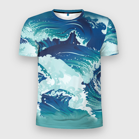 Мужская футболка 3D Slim с принтом Несущиеся морские волны в Новосибирске, 100% полиэстер с улучшенными характеристиками | приталенный силуэт, круглая горловина, широкие плечи, сужается к линии бедра | Тематика изображения на принте: 