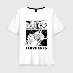 Мужская футболка хлопок Oversize с принтом Я люблю котов   кот кусает за руку в Кировске, 100% хлопок | свободный крой, круглый ворот, “спинка” длиннее передней части | 