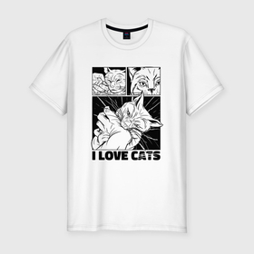 Мужская футболка хлопок Slim с принтом Я люблю котов   кот кусает за руку , 92% хлопок, 8% лайкра | приталенный силуэт, круглый вырез ворота, длина до линии бедра, короткий рукав | Тематика изображения на принте: 