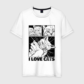 Мужская футболка хлопок с принтом Я люблю котов   кот кусает за руку в Екатеринбурге, 100% хлопок | прямой крой, круглый вырез горловины, длина до линии бедер, слегка спущенное плечо. | 