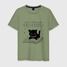 Мужская футболка хлопок с принтом Life is better with cats and books в Новосибирске, 100% хлопок | прямой крой, круглый вырез горловины, длина до линии бедер, слегка спущенное плечо. | 