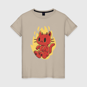 Женская футболка хлопок с принтом Котёнок дьяволёнок в огне в Петрозаводске, 100% хлопок | прямой крой, круглый вырез горловины, длина до линии бедер, слегка спущенное плечо | 
