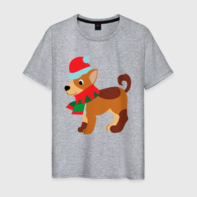 Мужская футболка хлопок с принтом Праздничная собачка в шапке и шарфике в Белгороде, 100% хлопок | прямой крой, круглый вырез горловины, длина до линии бедер, слегка спущенное плечо. | 