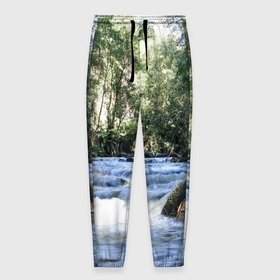 Мужские брюки 3D с принтом Течёт река в лесу в Петрозаводске, 100% полиэстер | манжеты по низу, эластичный пояс регулируется шнурком, по бокам два кармана без застежек, внутренняя часть кармана из мелкой сетки | Тематика изображения на принте: 