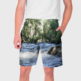 Мужские шорты 3D с принтом Течёт река в лесу ,  полиэстер 100% | прямой крой, два кармана без застежек по бокам. Мягкая трикотажная резинка на поясе, внутри которой широкие завязки. Длина чуть выше колен | 