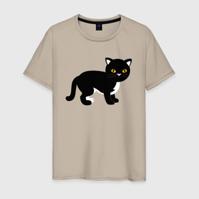 Мужская футболка хлопок с принтом Чёрный котик сидит в Екатеринбурге, 100% хлопок | прямой крой, круглый вырез горловины, длина до линии бедер, слегка спущенное плечо. | 