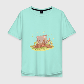 Мужская футболка хлопок Oversize с принтом Милый котёнок на пеньке в Белгороде, 100% хлопок | свободный крой, круглый ворот, “спинка” длиннее передней части | Тематика изображения на принте: 
