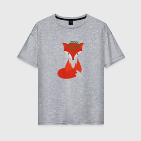 Женская футболка хлопок Oversize с принтом Рыжая лисичка с венком в Петрозаводске, 100% хлопок | свободный крой, круглый ворот, спущенный рукав, длина до линии бедер
 | 