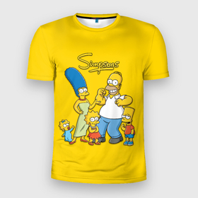 Мужская футболка 3D Slim с принтом Счастливые Симпсоны в Тюмени, 100% полиэстер с улучшенными характеристиками | приталенный силуэт, круглая горловина, широкие плечи, сужается к линии бедра | Тематика изображения на принте: 