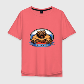 Мужская футболка хлопок Oversize с принтом Медведь и флаг России в Кировске, 100% хлопок | свободный крой, круглый ворот, “спинка” длиннее передней части | 