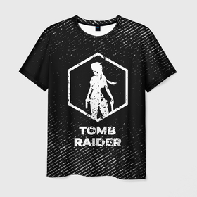 Мужская футболка 3D с принтом Tomb Raider с потертостями на темном фоне в Тюмени, 100% полиэфир | прямой крой, круглый вырез горловины, длина до линии бедер | 