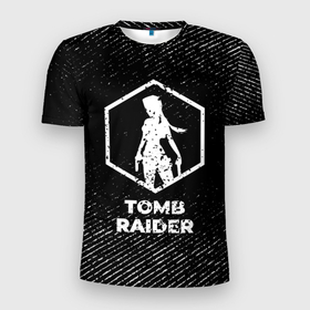 Мужская футболка 3D Slim с принтом Tomb Raider с потертостями на темном фоне в Белгороде, 100% полиэстер с улучшенными характеристиками | приталенный силуэт, круглая горловина, широкие плечи, сужается к линии бедра | 