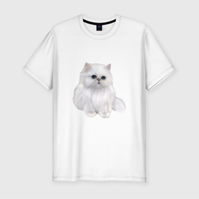 Мужская футболка хлопок Slim с принтом Белый персидский кот в Курске, 92% хлопок, 8% лайкра | приталенный силуэт, круглый вырез ворота, длина до линии бедра, короткий рукав | Тематика изображения на принте: 