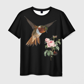 Мужская футболка 3D с принтом Птицы колибри розы на черном фоне в Санкт-Петербурге, 100% полиэфир | прямой крой, круглый вырез горловины, длина до линии бедер | 