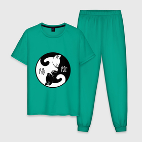 Мужская пижама хлопок с принтом Инь Янь коты с иероглифами в Кировске, 100% хлопок | брюки и футболка прямого кроя, без карманов, на брюках мягкая резинка на поясе и по низу штанин
 | 