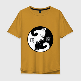 Мужская футболка хлопок Oversize с принтом Инь Янь коты с иероглифами , 100% хлопок | свободный крой, круглый ворот, “спинка” длиннее передней части | Тематика изображения на принте: 