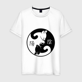 Мужская футболка хлопок с принтом Инь Янь коты с иероглифами , 100% хлопок | прямой крой, круглый вырез горловины, длина до линии бедер, слегка спущенное плечо. | Тематика изображения на принте: 