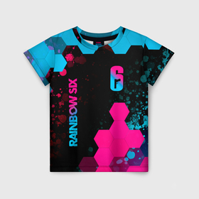 Детская футболка 3D с принтом Rainbow Six   neon gradient: надпись, символ в Санкт-Петербурге, 100% гипоаллергенный полиэфир | прямой крой, круглый вырез горловины, длина до линии бедер, чуть спущенное плечо, ткань немного тянется | 