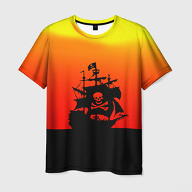 Мужская футболка 3D с принтом Пиратский корабль на закате в Санкт-Петербурге, 100% полиэфир | прямой крой, круглый вырез горловины, длина до линии бедер | 