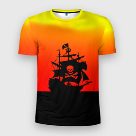 Мужская футболка 3D Slim с принтом Пиратский корабль на закате в Новосибирске, 100% полиэстер с улучшенными характеристиками | приталенный силуэт, круглая горловина, широкие плечи, сужается к линии бедра | 