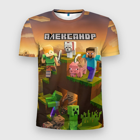 Мужская футболка 3D Slim с принтом Александр Minecraft в Белгороде, 100% полиэстер с улучшенными характеристиками | приталенный силуэт, круглая горловина, широкие плечи, сужается к линии бедра | 