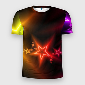 Мужская футболка 3D Slim с принтом Звёзды с неоновым свечением в Санкт-Петербурге, 100% полиэстер с улучшенными характеристиками | приталенный силуэт, круглая горловина, широкие плечи, сужается к линии бедра | Тематика изображения на принте: 
