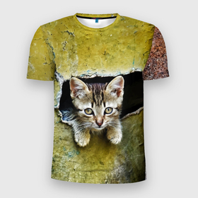 Мужская футболка 3D Slim с принтом Котёнок выглядывает из дыры в стене в Санкт-Петербурге, 100% полиэстер с улучшенными характеристиками | приталенный силуэт, круглая горловина, широкие плечи, сужается к линии бедра | Тематика изображения на принте: 
