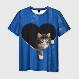 Мужская футболка 3D с принтом Котёнок в дырке в заборе в виде сердца в Петрозаводске, 100% полиэфир | прямой крой, круглый вырез горловины, длина до линии бедер | 