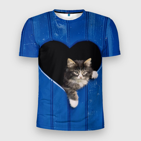Мужская футболка 3D Slim с принтом Котёнок в дырке в заборе в виде сердца , 100% полиэстер с улучшенными характеристиками | приталенный силуэт, круглая горловина, широкие плечи, сужается к линии бедра | 