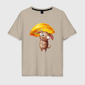Мужская футболка хлопок Oversize с принтом Маленькая собачка с зонтиком , 100% хлопок | свободный крой, круглый ворот, “спинка” длиннее передней части | Тематика изображения на принте: 