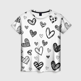 Женская футболка 3D с принтом Сердца нарисованные карандашом в Новосибирске, 100% полиэфир ( синтетическое хлопкоподобное полотно) | прямой крой, круглый вырез горловины, длина до линии бедер | 