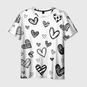 Мужская футболка 3D с принтом Сердца нарисованные карандашом в Петрозаводске, 100% полиэфир | прямой крой, круглый вырез горловины, длина до линии бедер | 