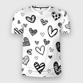 Мужская футболка 3D Slim с принтом Сердца нарисованные карандашом , 100% полиэстер с улучшенными характеристиками | приталенный силуэт, круглая горловина, широкие плечи, сужается к линии бедра | 