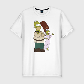 Мужская футболка хлопок Slim с принтом Homer and Marge in Shrek style в Екатеринбурге, 92% хлопок, 8% лайкра | приталенный силуэт, круглый вырез ворота, длина до линии бедра, короткий рукав | 