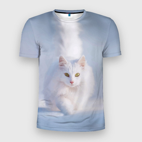 Мужская футболка 3D Slim с принтом Белая кошечка на снегу в Кировске, 100% полиэстер с улучшенными характеристиками | приталенный силуэт, круглая горловина, широкие плечи, сужается к линии бедра | 
