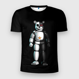 Мужская футболка 3D Slim с принтом Monokuma and FNAF в Екатеринбурге, 100% полиэстер с улучшенными характеристиками | приталенный силуэт, круглая горловина, широкие плечи, сужается к линии бедра | 