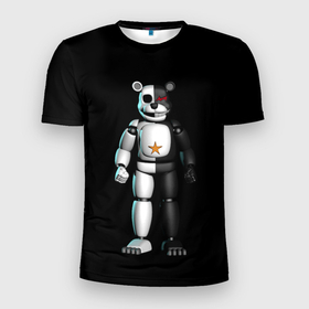 Мужская футболка 3D Slim с принтом Monokuma and FNAF в Петрозаводске, 100% полиэстер с улучшенными характеристиками | приталенный силуэт, круглая горловина, широкие плечи, сужается к линии бедра | Тематика изображения на принте: 