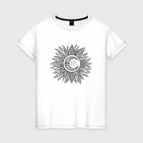 Женская футболка хлопок с принтом векторный рисунок солнца в Екатеринбурге, 100% хлопок | прямой крой, круглый вырез горловины, длина до линии бедер, слегка спущенное плечо | 